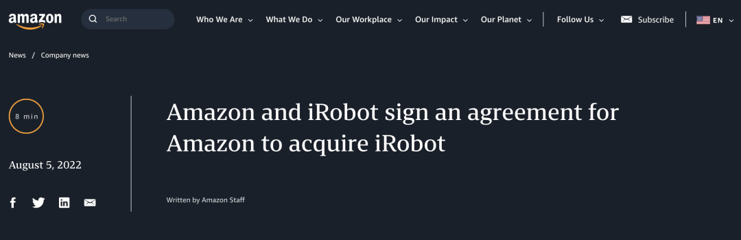 17亿美元！亚马逊拟收购扫地机器人鼻祖，为智能家居野心铺路